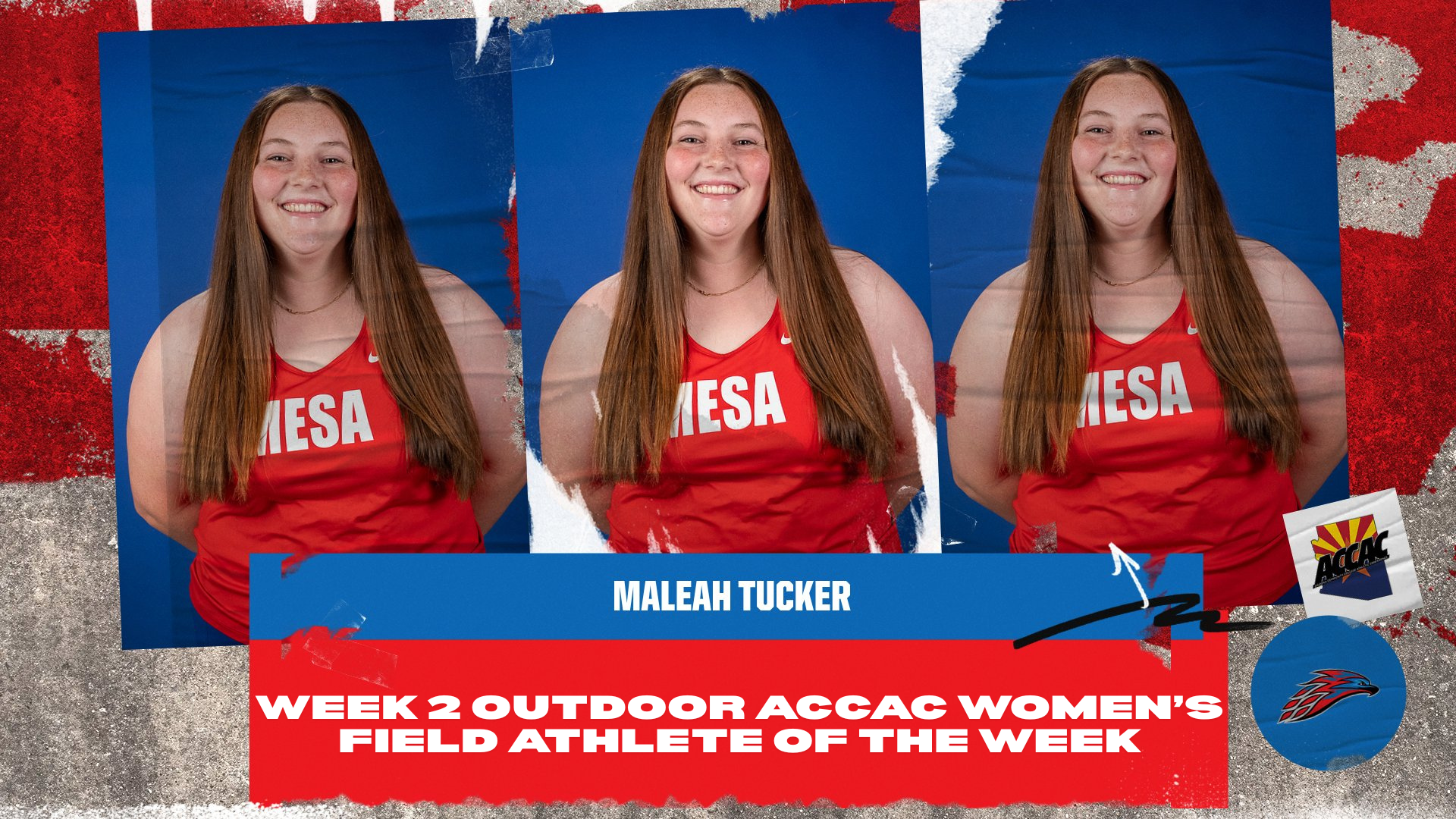 A photo of Maleah Tucker with the caption of her being named the Week 2 Outdoor ACCAC Women's Field Athlete of the Week
