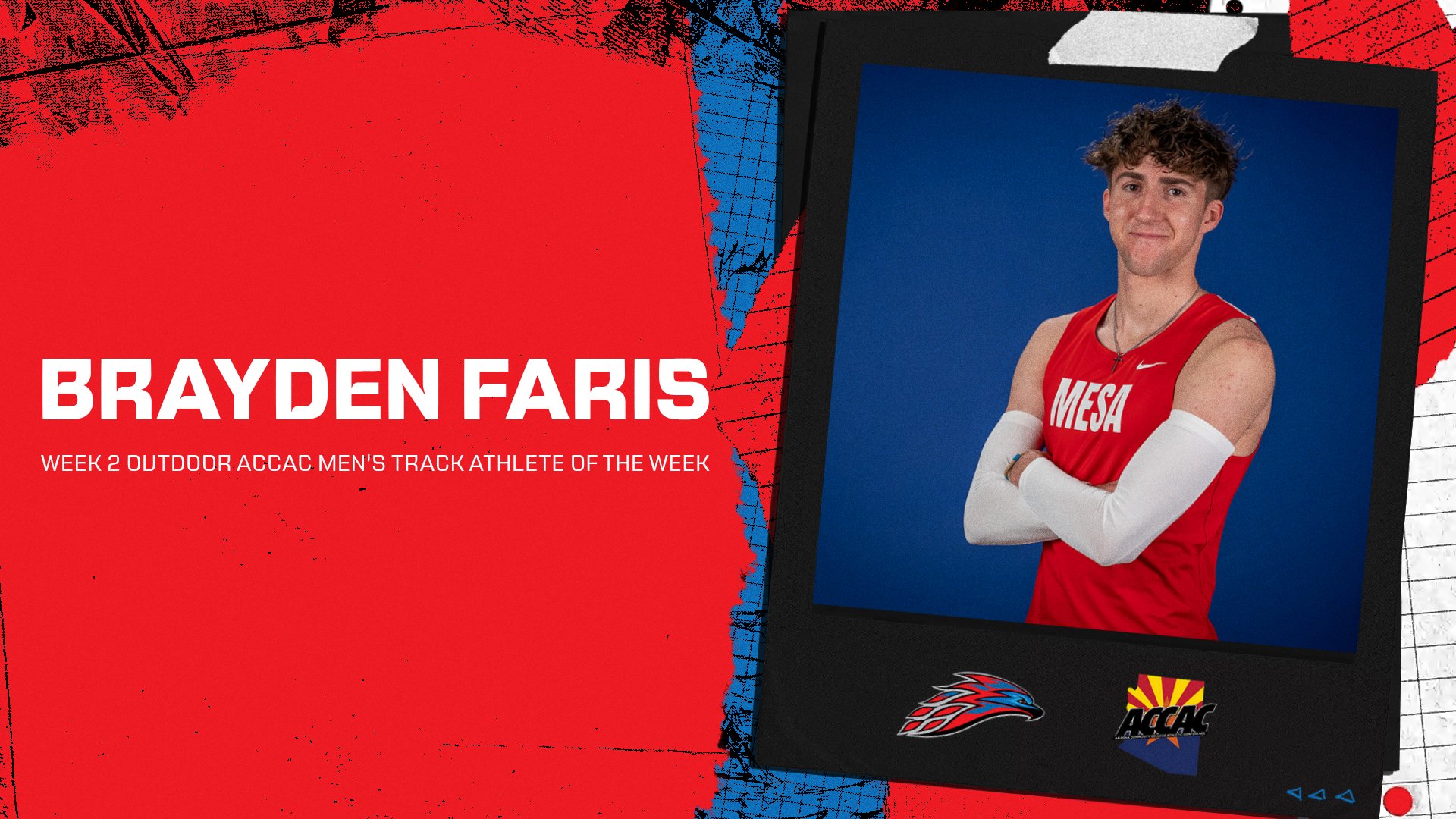 A photo of Brayden Faris with the caption of him winning the Outdoor Week 2 ACCAC Men's Track Athlete of the Week award.