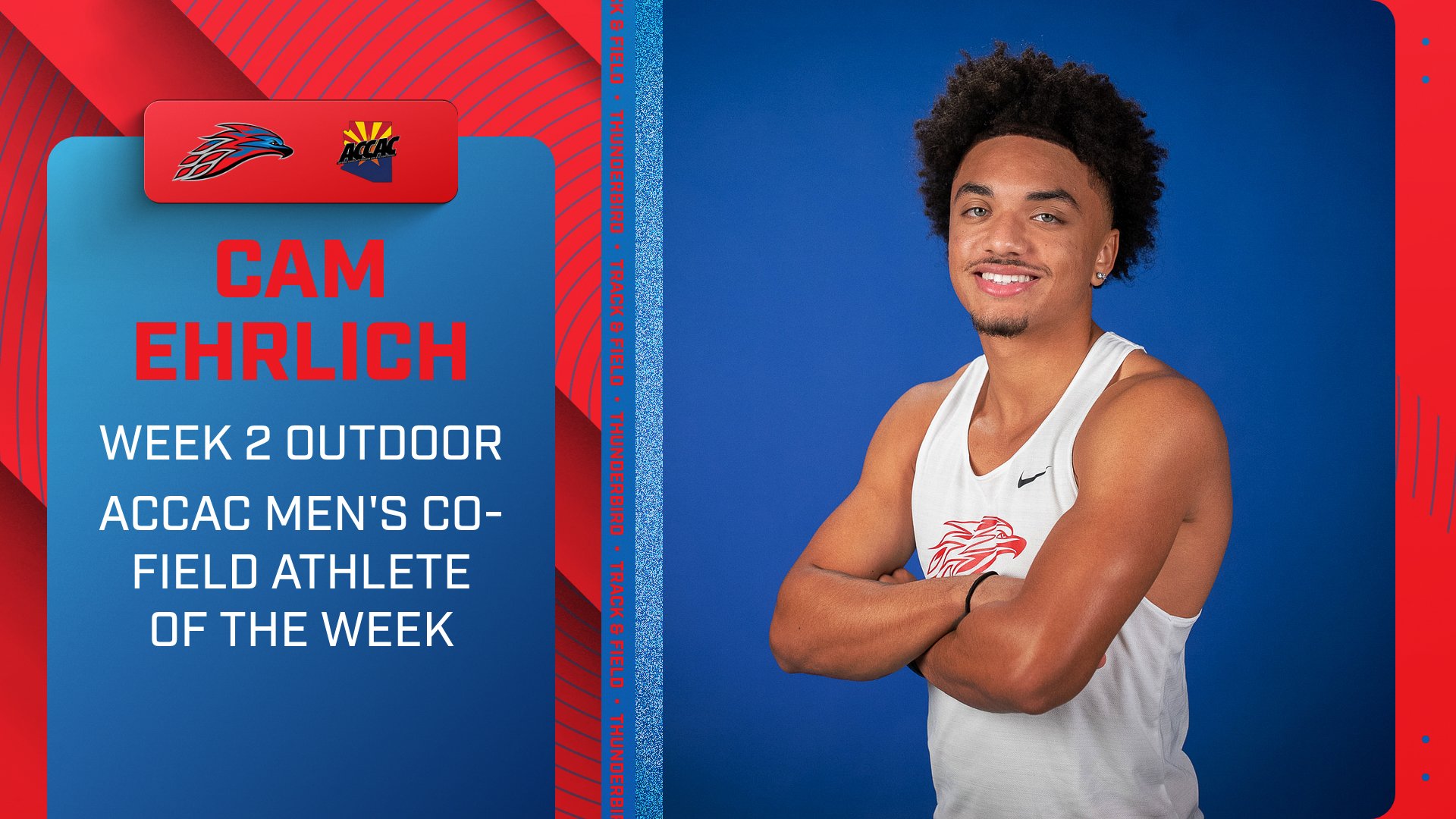 A photo of Cam Ehrlich with the caption explaining he was named the Week 2 Outdoor ACCAC Men's Co-Field Athlete of the Week 