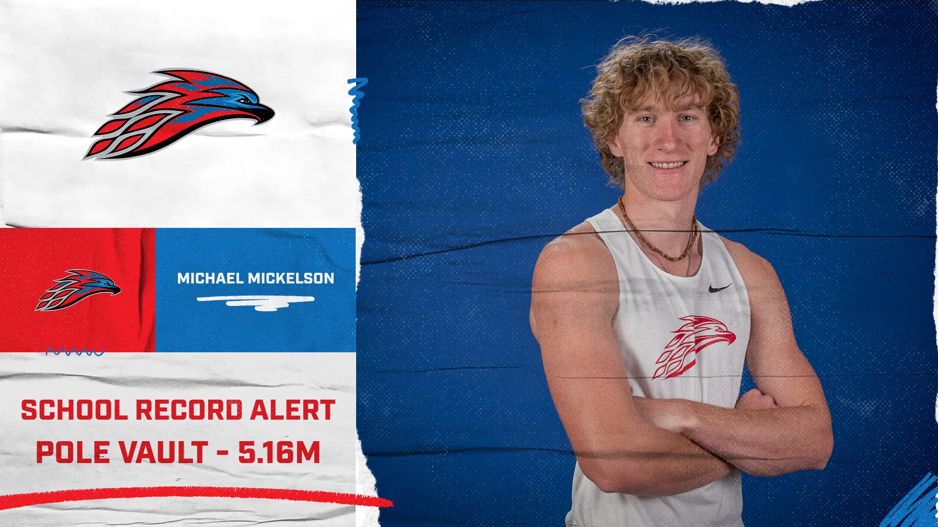Graphic featuring Mesa Community College track & field athlete Michael Mickelson posing in uniform next to text reading “School Record Alert: Pole Vault – 5.16M.” Includes MCC Thunderbird logos and a red, white, and blue design background.

