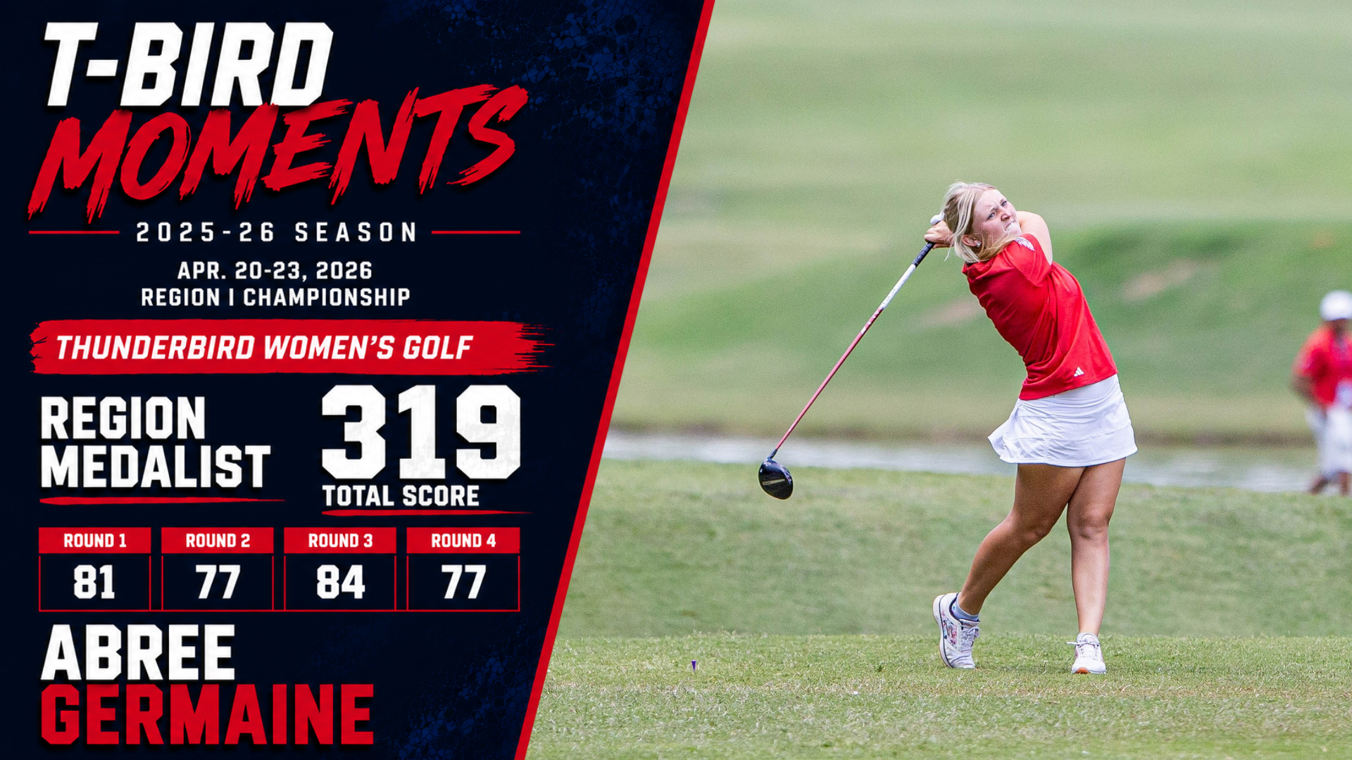 T-Bird Moments graphic celebrating Mesa Community College women's golfer Abree Germaine earning Region I Medalist honors at the 2026 Region I Championship held April 20-23. The graphic highlights Germaine's winning total score of 319 and round-by-round scores of 81, 77, 84 and 77. An action photo on the right shows Germaine following through on a tee shot during competition. The graphic features Mesa's red, white and blue color scheme with T-Bird Moments branding and identifies the accomplishment as a Thunderbird Women's Golf milestone.
