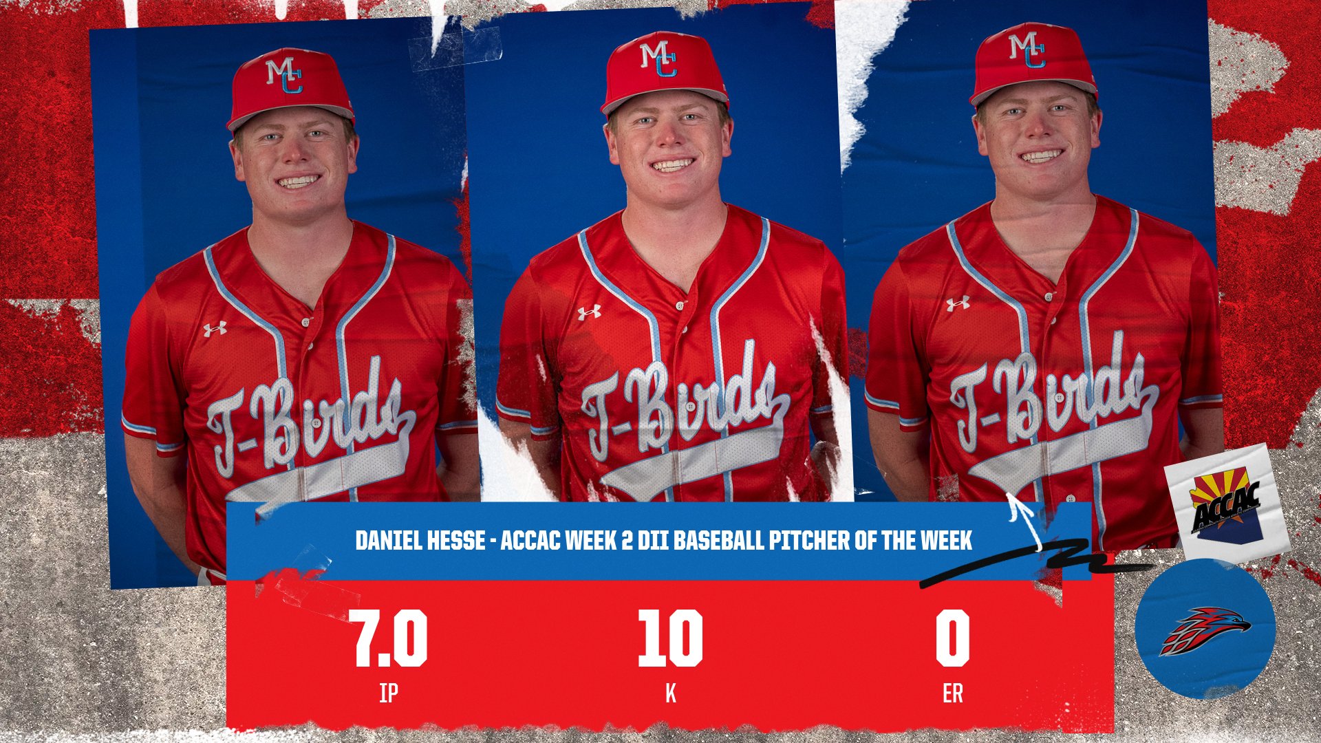 Daniel Hesse with graphic of him earning the ACCAC Week 2 DII Pitcher of the Week award
