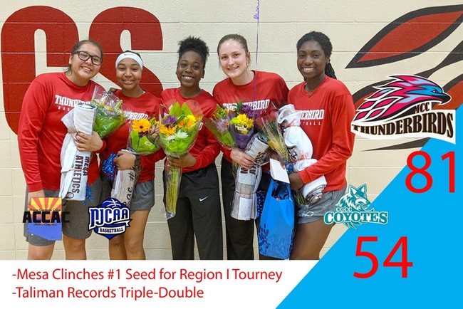 T-Birds Clinch #1 Seed, Taliman Records Triple-Double as Mesa Celebrates Sophomore Night Victory Over CGCC