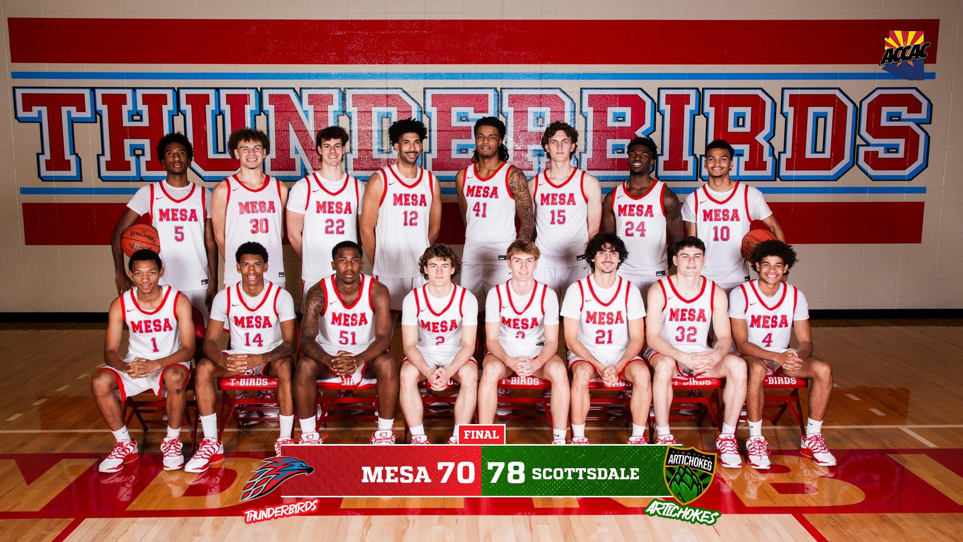 A photo of the MCC Men's Basketball team with the score graphic of the T-Birds loss to Scottsdale, 78-70
