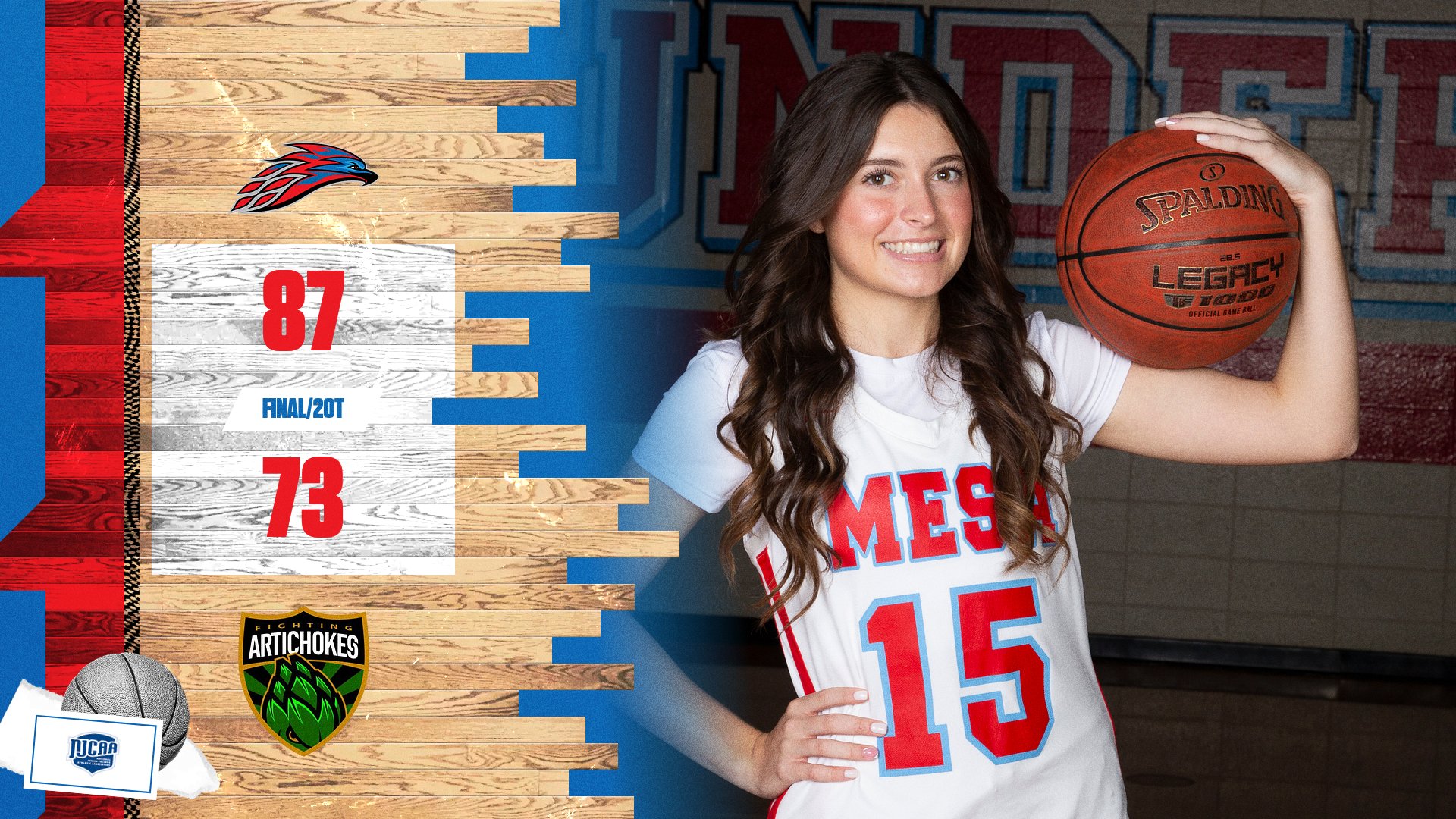 A photo of Carmella Gallardo with score graphic of Mesa's win over Scottsdale in the Region I DII Semifinals