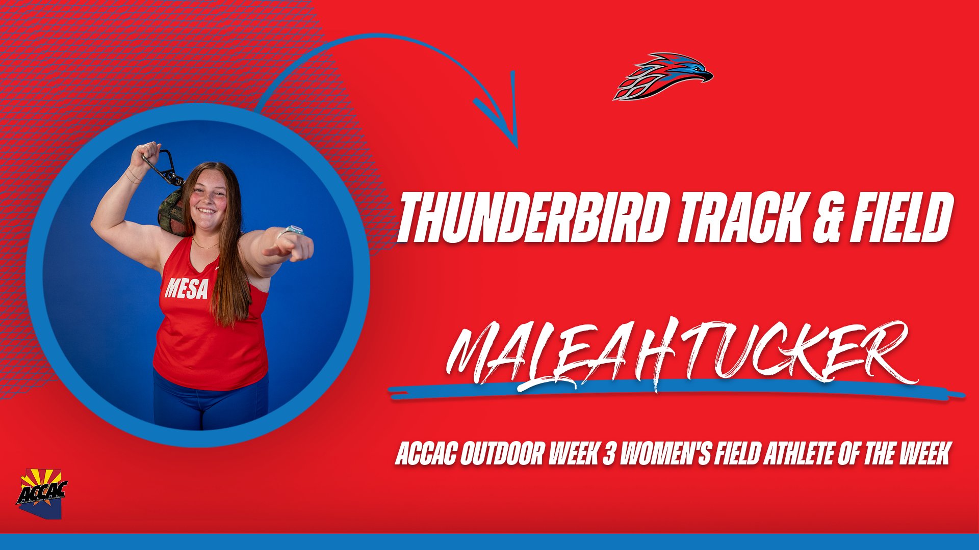 Graphic featuring Maleah Tucker of Mesa Community College Track & Field as ACCAC Outdoor Week 3 Women’s Field Athlete of the Week. Image shows Tucker in a Mesa uniform holding a throwing implement and pointing toward the camera, with Thunderbird branding and ACCAC logo on a red background.
