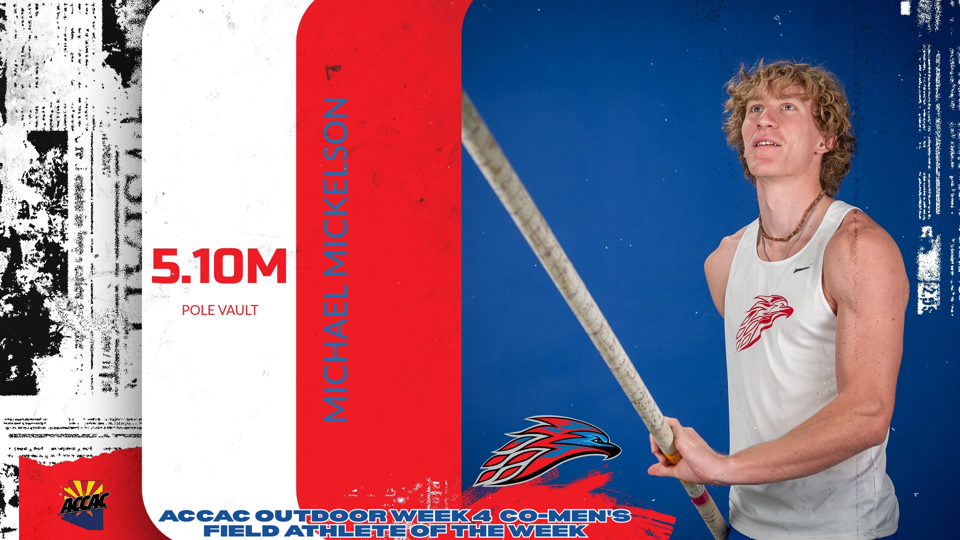 Graphic of Mesa pole vaulter Michael Mickelson holding a pole, highlighting his 5.10m mark and ACCAC Outdoor Week 4 Co-Men’s Field Athlete of the Week honor.