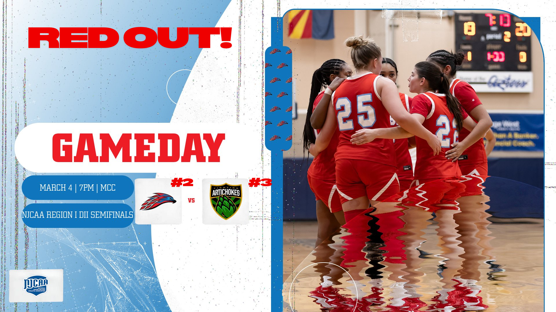 A photo of MCC Women's Basketball players with graphic detailing the gameday information in the NJCAAA Region I DII Semifinals against No. 3 Scottsdale