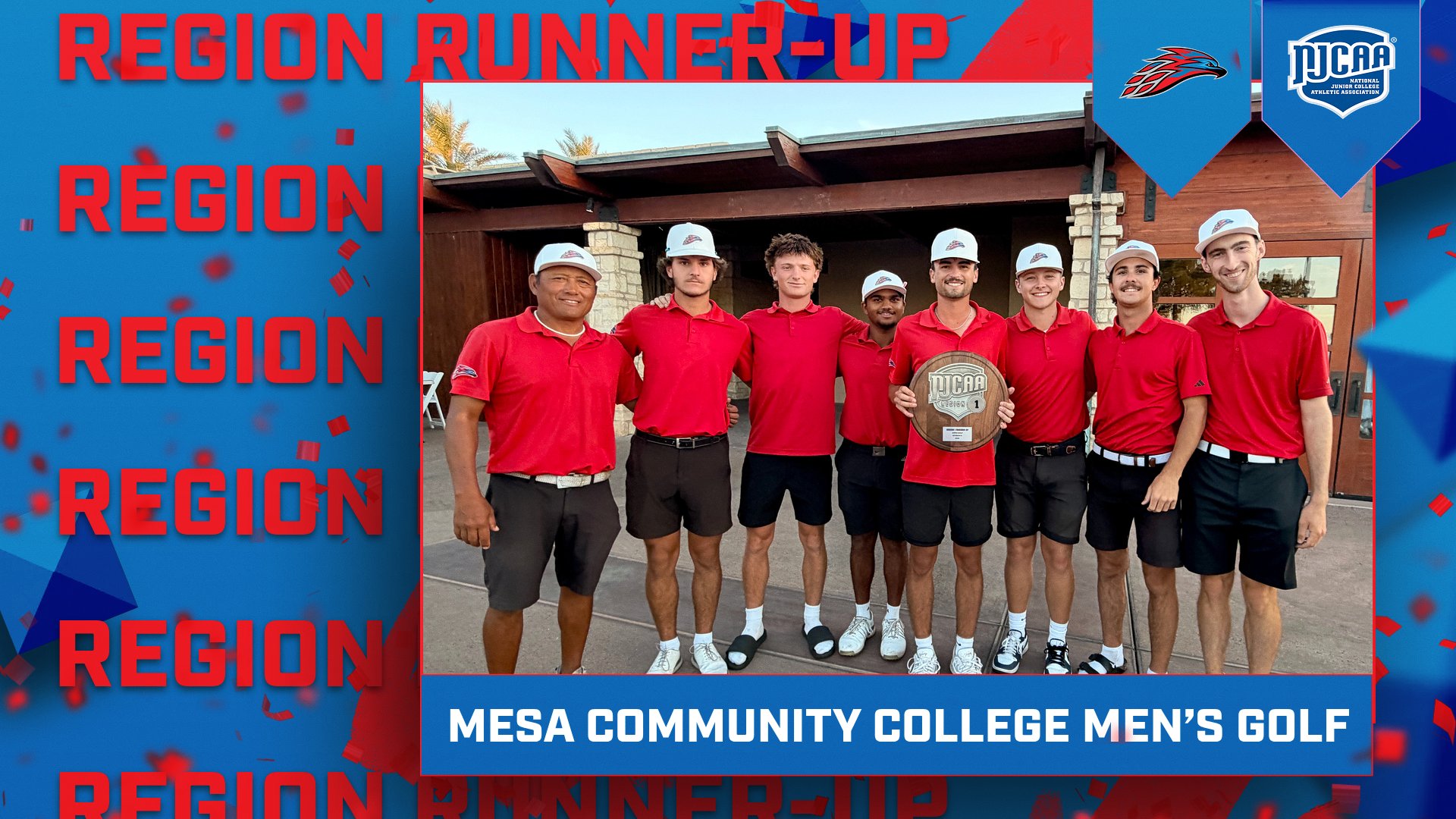 Mesa Community College men’s golf team poses together holding a Region I runner-up plaque, with “Region Runner-Up” graphics and NJCAA branding in the background.
