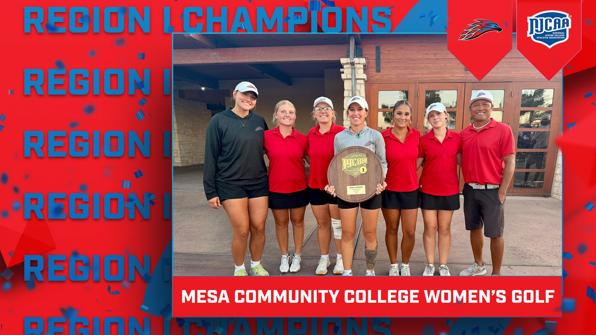 Mesa Community College women’s golf team poses together holding the Region I championship plaque, with “Region I Champions” graphics and NJCAA branding in the background.
