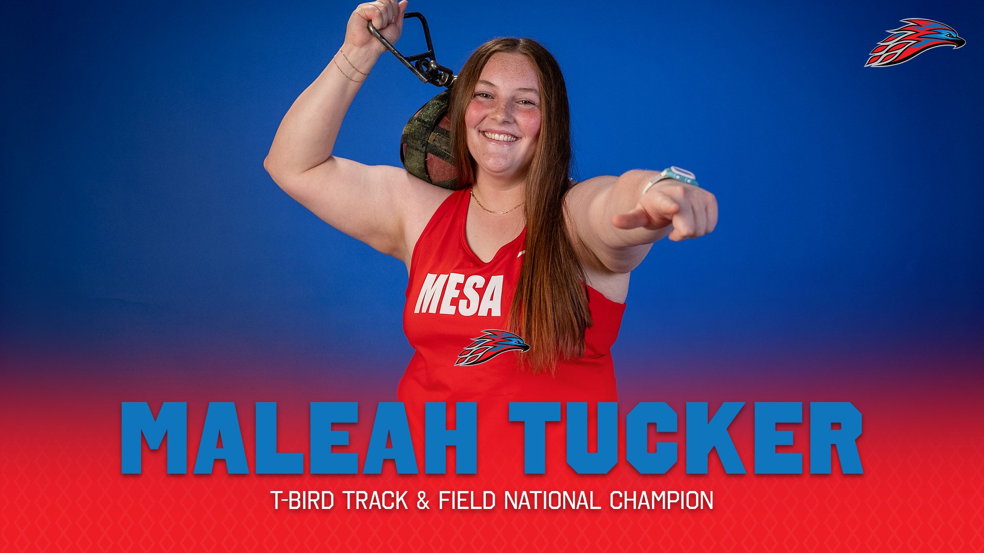 A photo of Maleah Tucker with the caption of her being T-Birds Track & Field National Champion