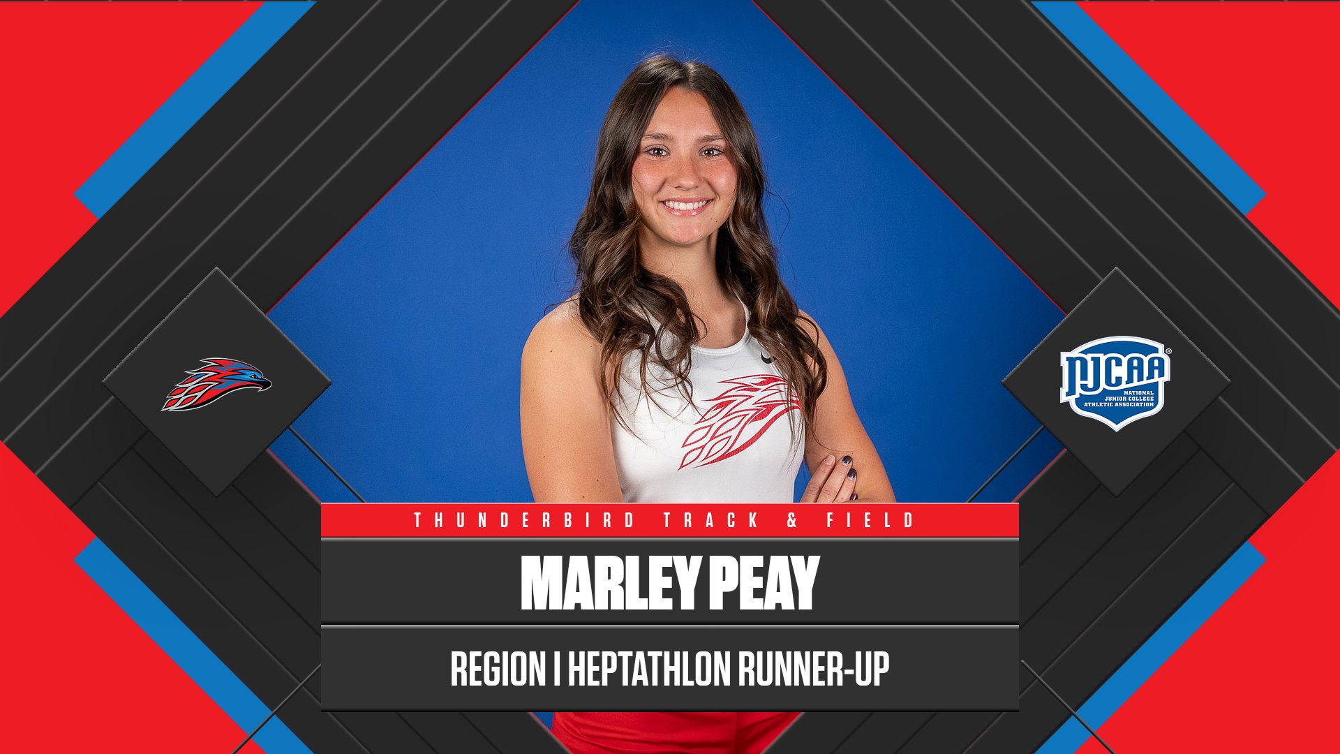 Marley Peay of Mesa Community College Track & Field poses in uniform against a blue background in a graphic that reads “Region I Heptathlon Runner-Up,” with Thunderbird and NJCAA logos displayed.
