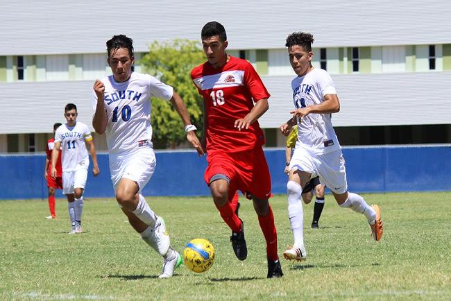 Benjamin Delgadillo(18) scored twice and assisted on another Mesa goal in the win over South Mountain (photo by Aaron Webster)