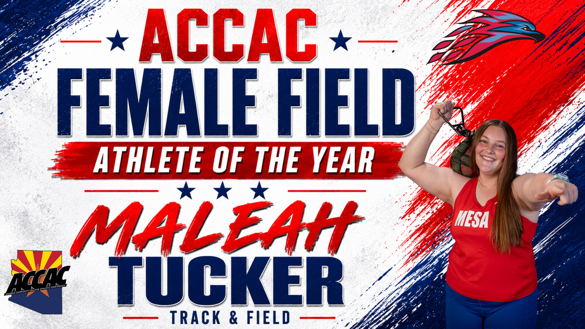 
Graphic celebrating Maleah Tucker being named ACCAC Female Field Athlete of the Year. The design features a red, white, and blue paint-stroke background with large blue and red text reading 